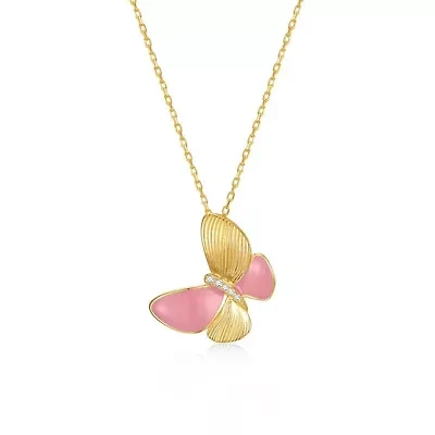 Lab Created Sterling Silver 14K Gold Plated with Pink Enamel & Clear Cubic Zirconia Butterfly Pendant Necklace for Kids