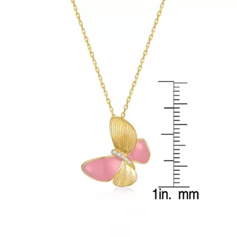 Lab Created Sterling Silver 14K Gold Plated with Pink Enamel & Clear Cubic Zirconia Butterfly Pendant Necklace for Kids