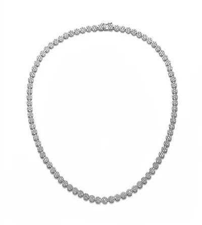 Lab Created Sterling Silver White Gold Plated with Clear Round Cubic Zirconia Flower Design Tennis Necklace