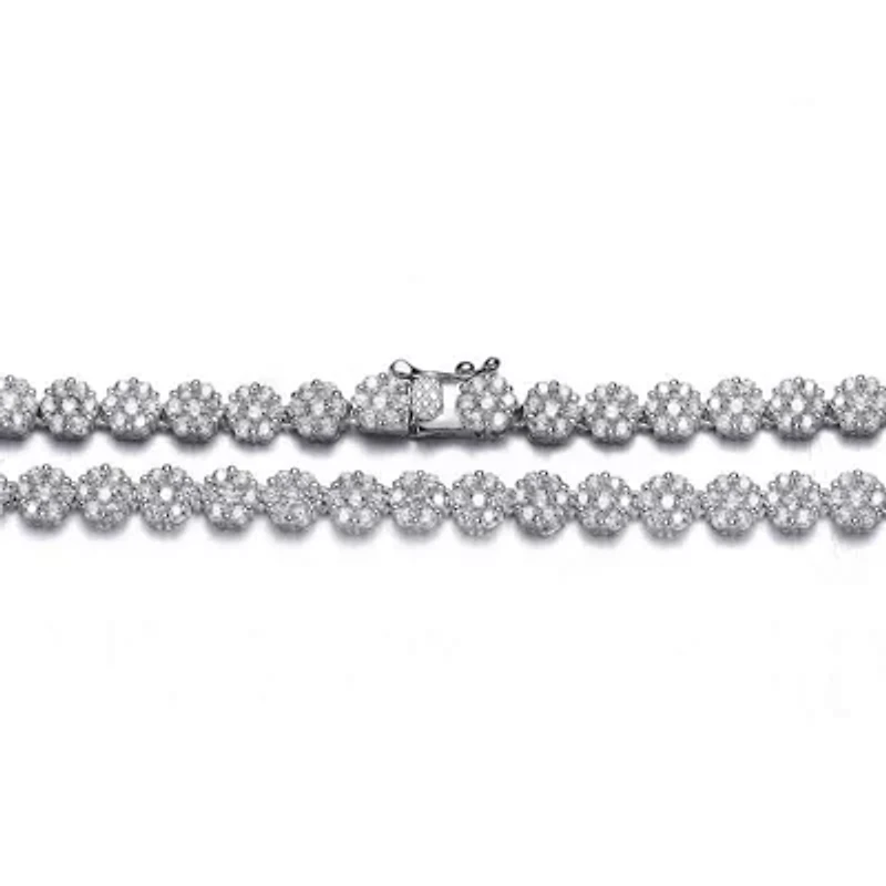 Lab Created Sterling Silver White Gold Plated with Clear Round Cubic Zirconia Flower Design Tennis Necklace