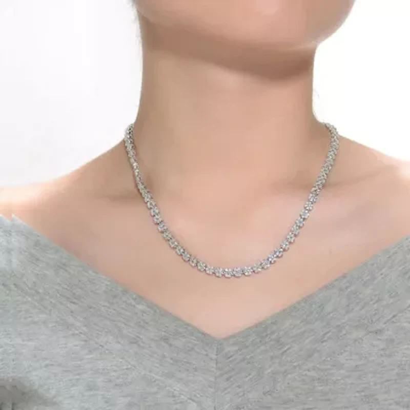 Lab Created Sterling Silver White Gold Plated with Clear Round Cubic Zirconia Flower Design Tennis Necklace