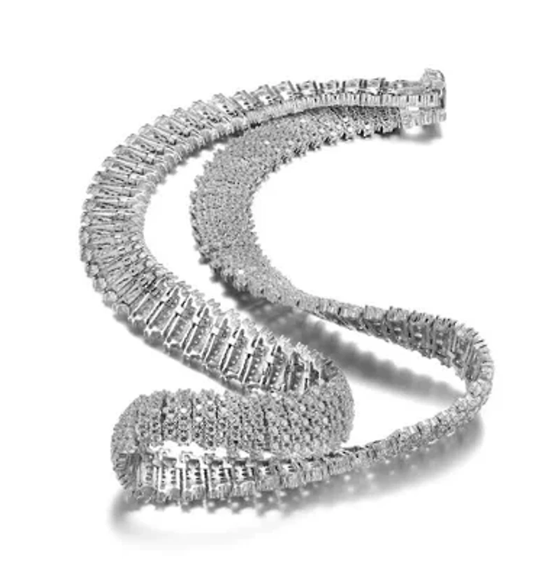 Lab Created Sterling Silver White Gold Plated with Clear Round Cubic Zirconia Linear Pave Necklace