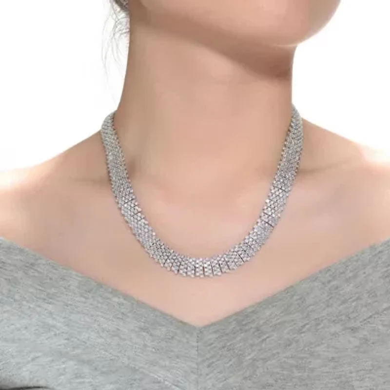 Lab Created Sterling Silver White Gold Plated with Clear Round Cubic Zirconia Linear Pave Necklace