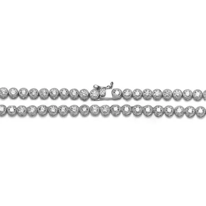 Lab Created Sterling Silver White Gold Plated with Clear Round Cubic Zirconia Milgrain Bezel Tennis Necklace