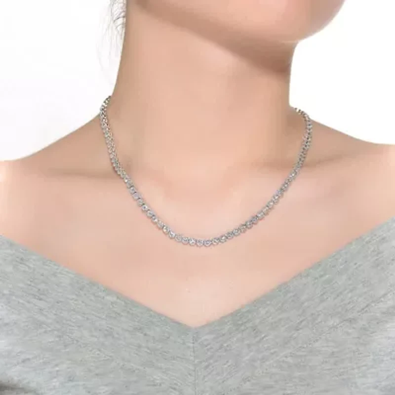 Lab Created Sterling Silver White Gold Plated with Clear Round Cubic Zirconia Milgrain Bezel Tennis Necklace