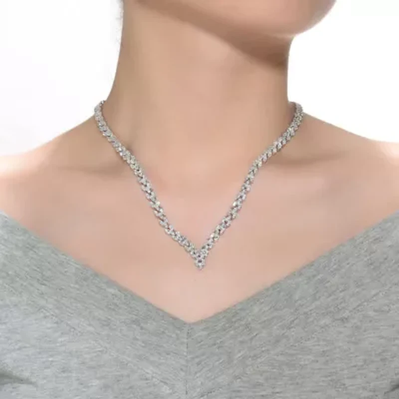Lab Created Sterling Silver White Gold Plated with Clear Marquise Cubic Zirconia Three-Row Necklace