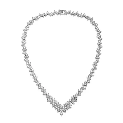 Lab Created Rozzato Sterling Silver White Gold Plated with Clear Marquise Cubic Zirconia Cluster Necklace