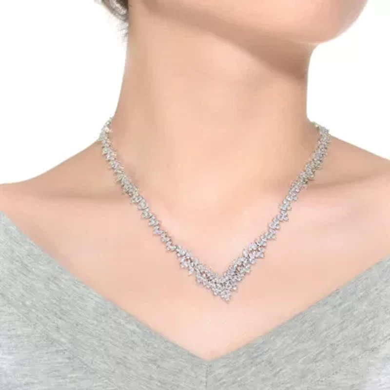 Lab Created Rozzato Sterling Silver White Gold Plated with Clear Marquise Cubic Zirconia Cluster Necklace