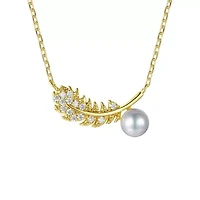 Lab Created 14K Gold Plated Sterling Silver with Clear Cubic Zirconia & Faux Pearl Fern Leaf Pendant Necklace