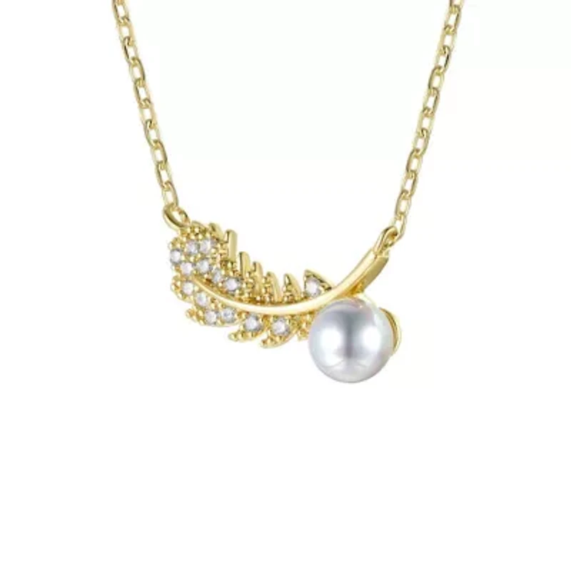 Lab Created 14K Gold Plated Sterling Silver with Clear Cubic Zirconia & Faux Pearl Fern Leaf Pendant Necklace