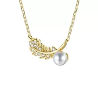 Lab Created 14K Gold Plated Sterling Silver with Clear Cubic Zirconia & Faux Pearl Fern Leaf Pendant Necklace