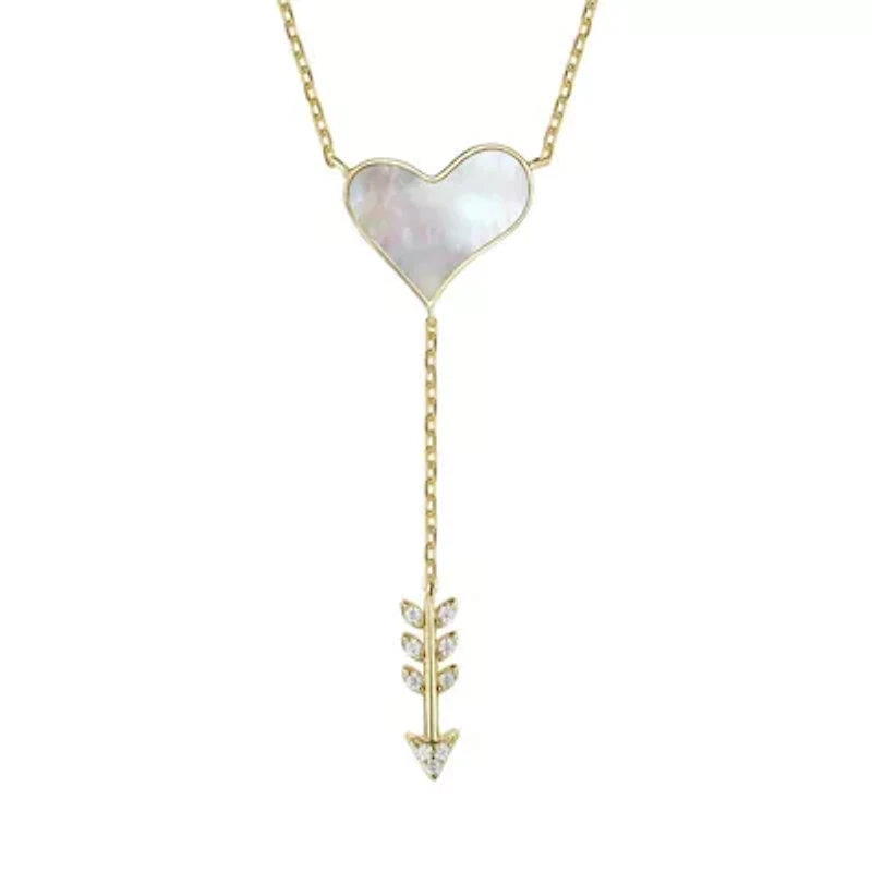 Lab Created 14K Gold Plated Sterling Silver with Clear Cubic Zirconia & Mother of Pearl Cupid’s Arrow Heart Y-Necklace