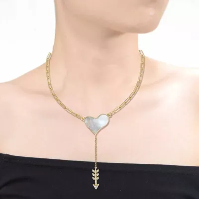 Lab Created 14K Gold Plated Sterling Silver with Clear Cubic Zirconia & Mother of Pearl Cupid’s Arrow Heart Y-Necklace