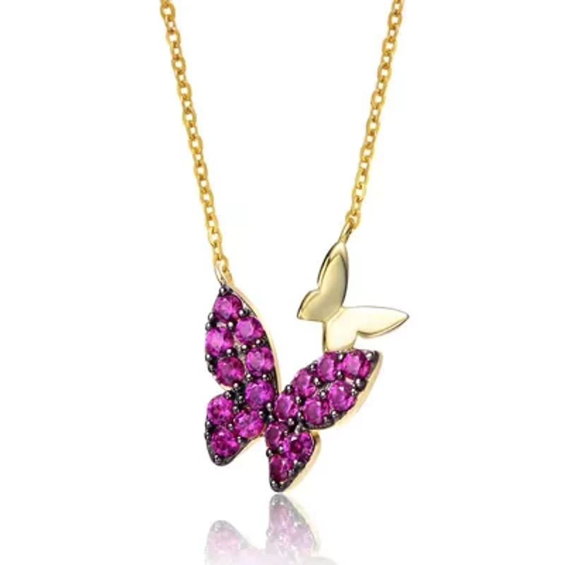 Lab Created Sterling Silver 14K Gold Plated with Ruby Red Cubic Zirconia Double Butterfly Layering Necklace