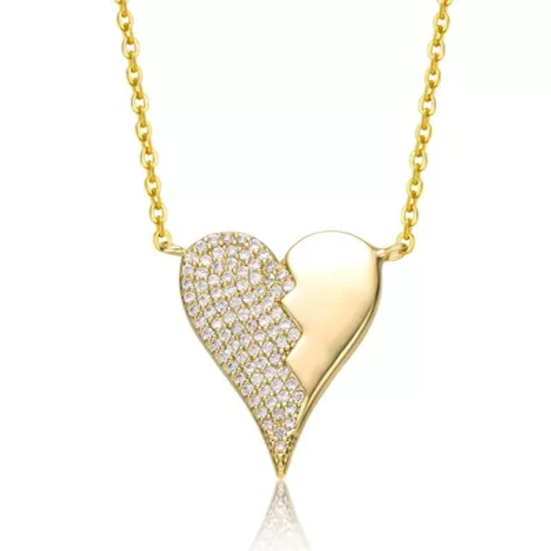 Lab Created Sterling Silver 14K Gold Plated with Clear Cubic Zirconia Broken Cracked Zig-Zag Half & Half Stolen Heart Pendant Necklace for Teens