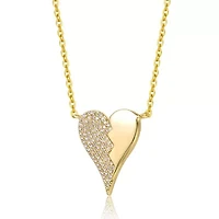 Lab Created Sterling Silver 14K Gold Plated with Clear Cubic Zirconia Broken Cracked Zig-Zag Half & Half Stolen Heart Pendant Necklace for Teens