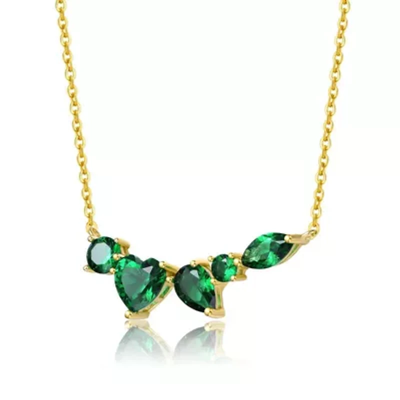 Lab Created Sterling Silver 14K Gold Plated with Clear Mixed Cut Emerald Cubic Zirconia Cluster Necklace