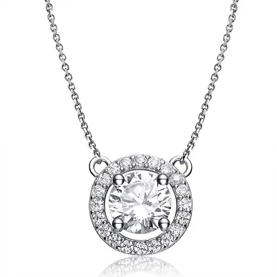 Lab Created Rozzato Sterling Silver White Gold Plated with Clear Cubic Zirconia Round Pendant Necklace