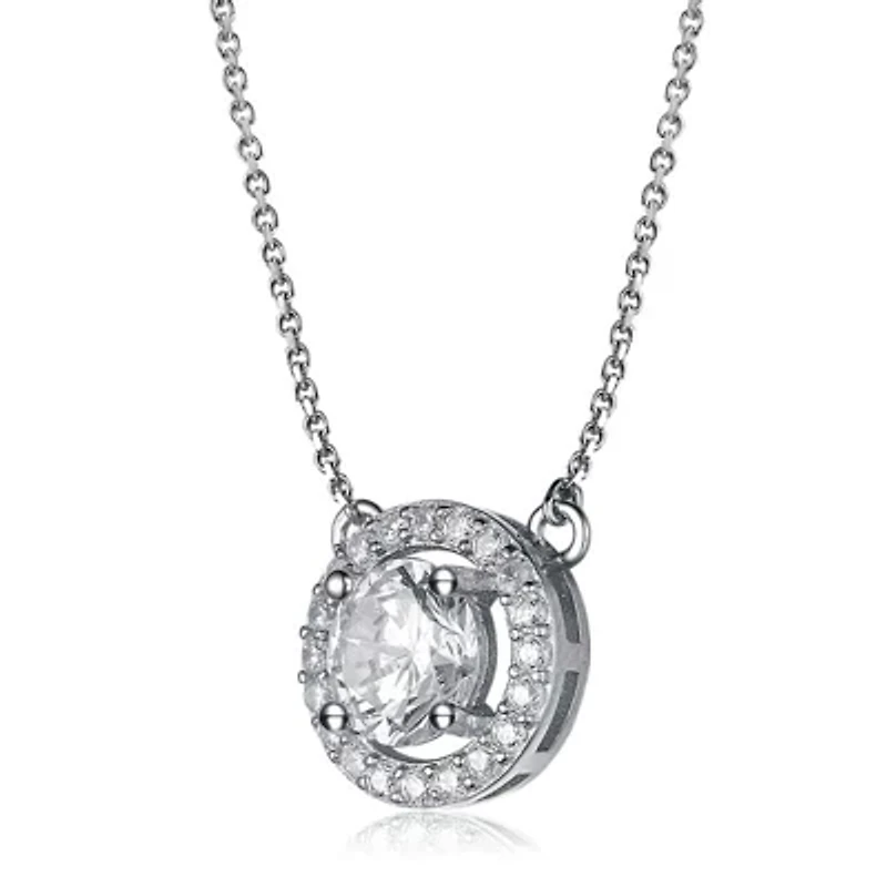 Lab Created Rozzato Sterling Silver White Gold Plated with Clear Cubic Zirconia Round Pendant Necklace