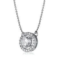 Lab Created Rozzato Sterling Silver White Gold Plated with Clear Cubic Zirconia Round Pendant Necklace