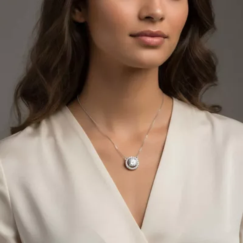Lab Created Rozzato Sterling Silver White Gold Plated with Clear Cubic Zirconia Round Pendant Necklace