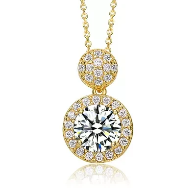 Lab Created Rozzato Sterling Silver 14K Gold Plated with Clear Round Cubic Zirconia Halo and Cluster Necklace