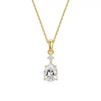 Lab Created Rozzato Sterling Silver 14K Gold Plated with Cubic Zirconia Raindrop Pear 2-Stone Pendant Necklace