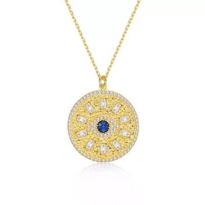 Lab Created Rozzato Sterling Silver 14K Gold Plated with Sapphire Blue Cubic Zirconia Mandala Medallion Pendant Necklace
