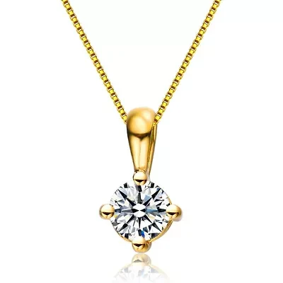 Lab Created Rozzato Sterling Silver 14K Gold Plated with Clear Round Cubic Zirconia Solitaire Necklace