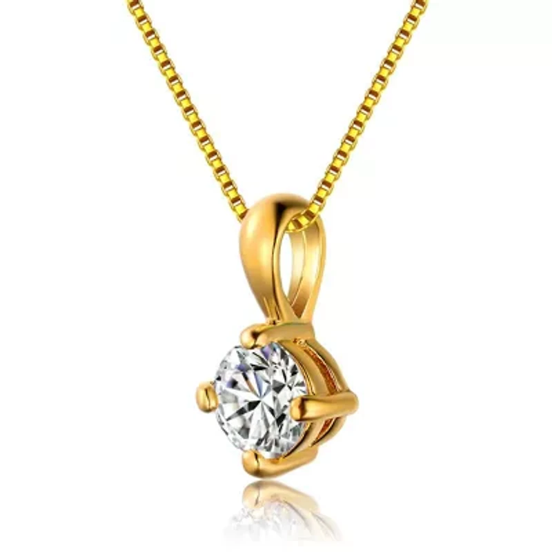 Lab Created Rozzato Sterling Silver 14K Gold Plated with Clear Round Cubic Zirconia Solitaire Necklace