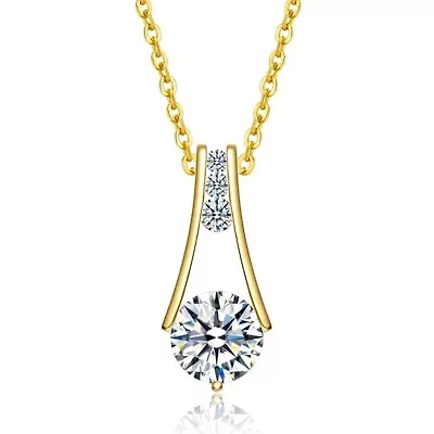 Lab Created Rozzato Sterling Silver 14K Gold Plated with Clear Cubic Zirconia Round Spring Ring Pendant Necklace