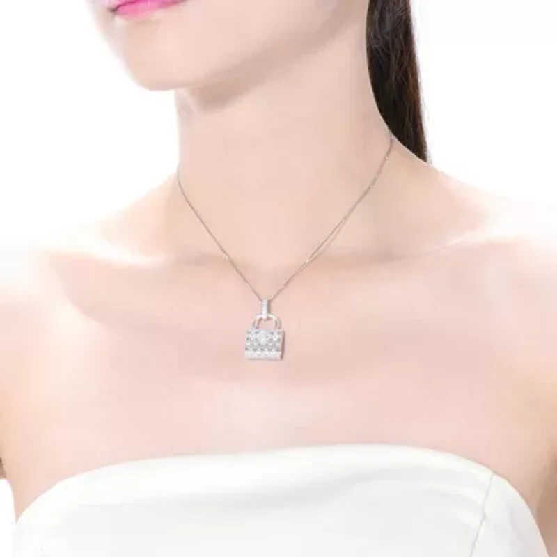 Lab Created Rozzato Sterling Silver White Gold Plated with Cubic Zirconia Lock Necklace