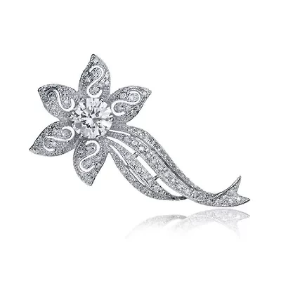 Lab Created Rozzato Sterling Silver White Gold Plated with Clear Cubic Zirconia Flower Pin