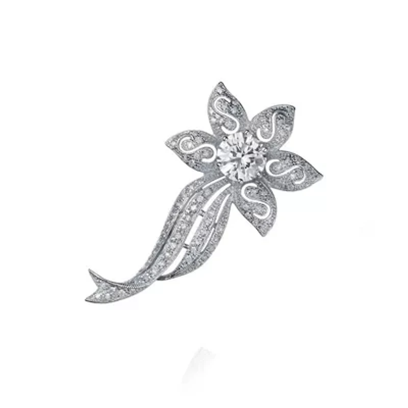 Lab Created Rozzato Sterling Silver White Gold Plated with Clear Cubic Zirconia Flower Pin