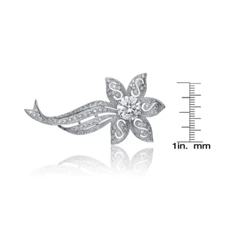 Lab Created Rozzato Sterling Silver White Gold Plated with Clear Cubic Zirconia Flower Pin