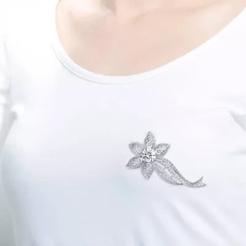 Lab Created Rozzato Sterling Silver White Gold Plated with Clear Cubic Zirconia Flower Pin