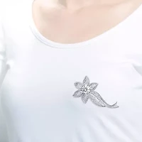 Lab Created Rozzato Sterling Silver White Gold Plated with Clear Cubic Zirconia Flower Pin