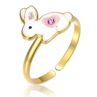 Lab Created Rozzato 14K Gold Plated with White & Pink Enamel Bunny Rabbit Adjustable Ring for Kids
