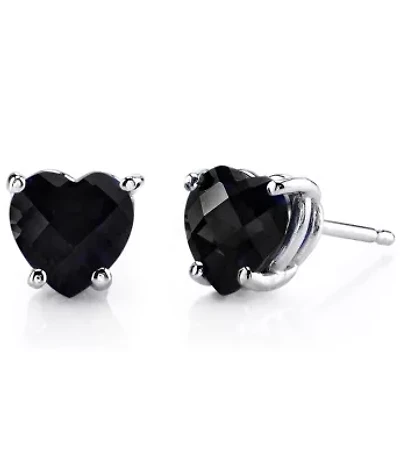 Solid Sterling Silver Created Gemstone Heart Stud Earrings black