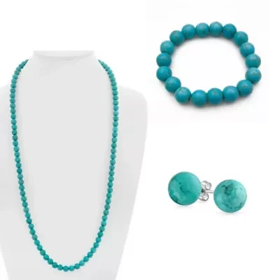 Turquoise Jewelry Bundle: 30 Inch Turquoise Necklace, Turquoise Ball Stretch Bracelet, Turquoise Ball Stud Earrings