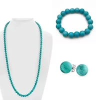 Turquoise Jewelry Bundle: 30 Inch Turquoise Necklace, Turquoise Ball Stretch Bracelet, Turquoise Ball Stud Earrings