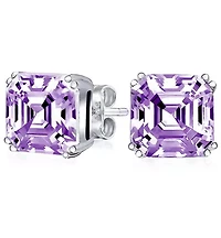 Sterling Silver Ascher Cut Created Purple Amethyst Studs Earrings