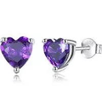 Solid Sterling Silver Created Gemstone Heart Stud Earrings purpke