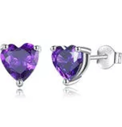 Solid Sterling Silver Created Gemstone Heart Stud Earrings purpke