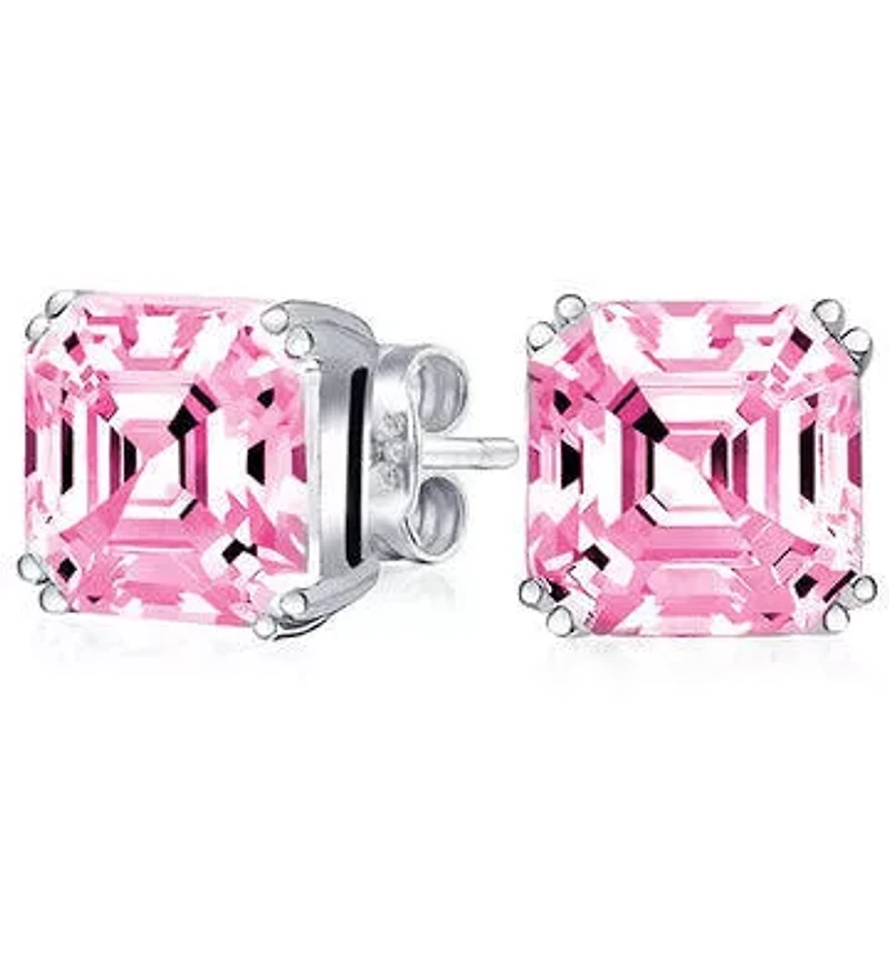 925 Sterling Silver Pink Ascher Cut Studs Earrings