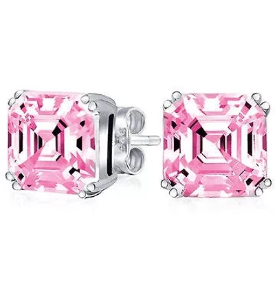 925 Sterling Silver Pink Ascher Cut Studs Earrings