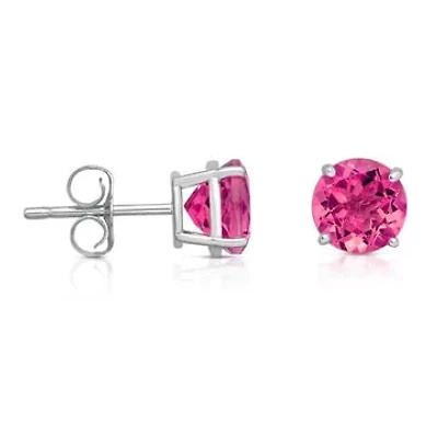 925 Solid Sterling Silver  Created Pink Tourmaline Round Studs