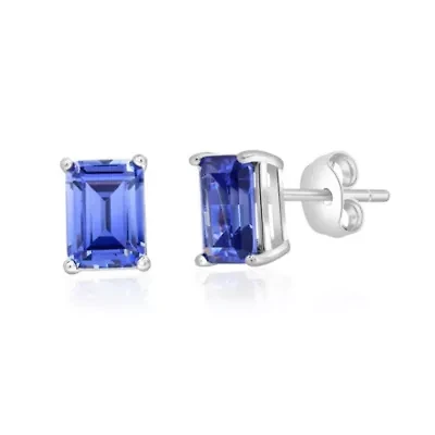 925 Sterling Silver Created Tanzanite Emerald Cut  Earrings