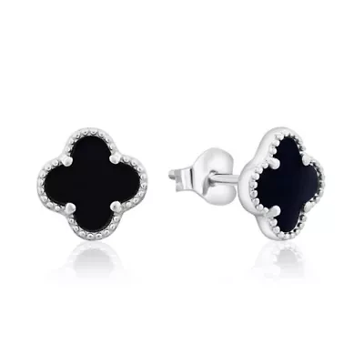 Solid 925 Sterling Silver Black Onyx Clover Studs