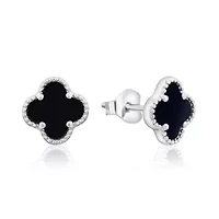 Solid 925 Sterling Silver Black Onyx Clover Studs